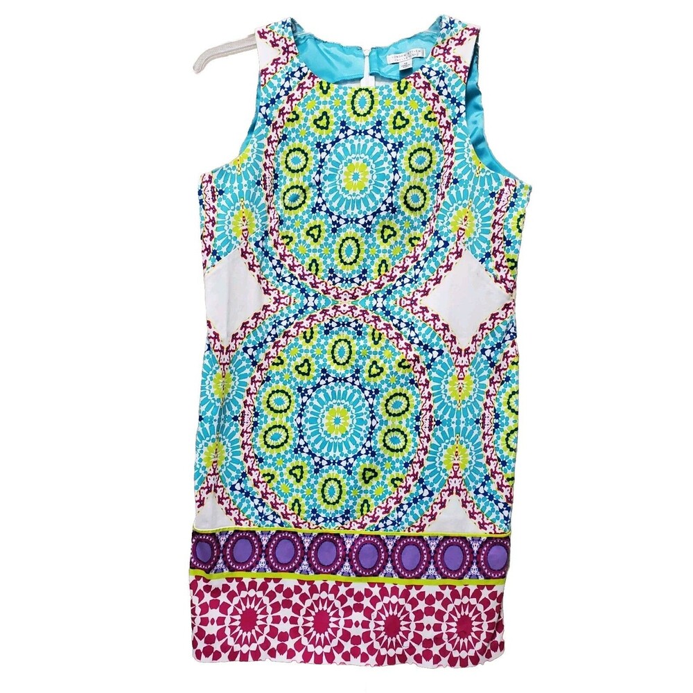 London Style Collection Blue Green Geometric Cotton Sleeveless Shift Dress 12